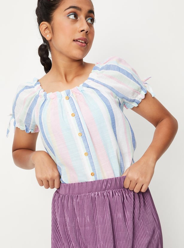 Girls Striped Tie-Up Sleeve Top