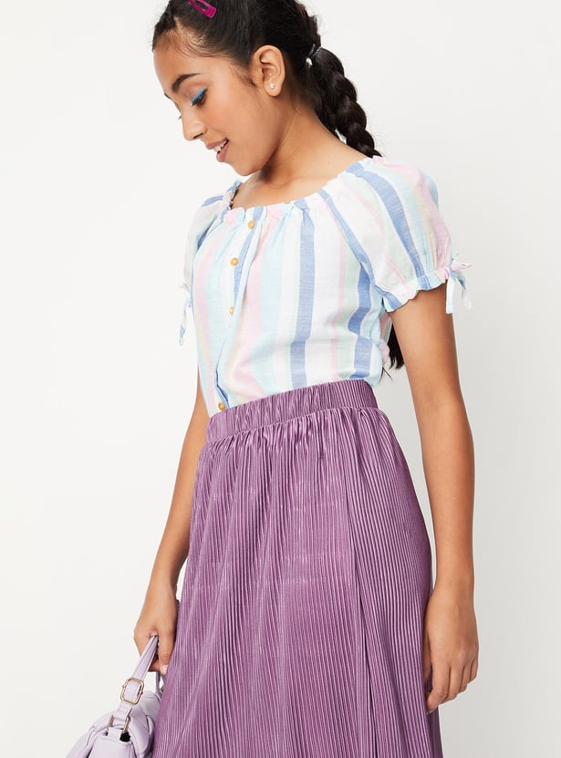 Girls Striped Tie-Up Sleeve Top