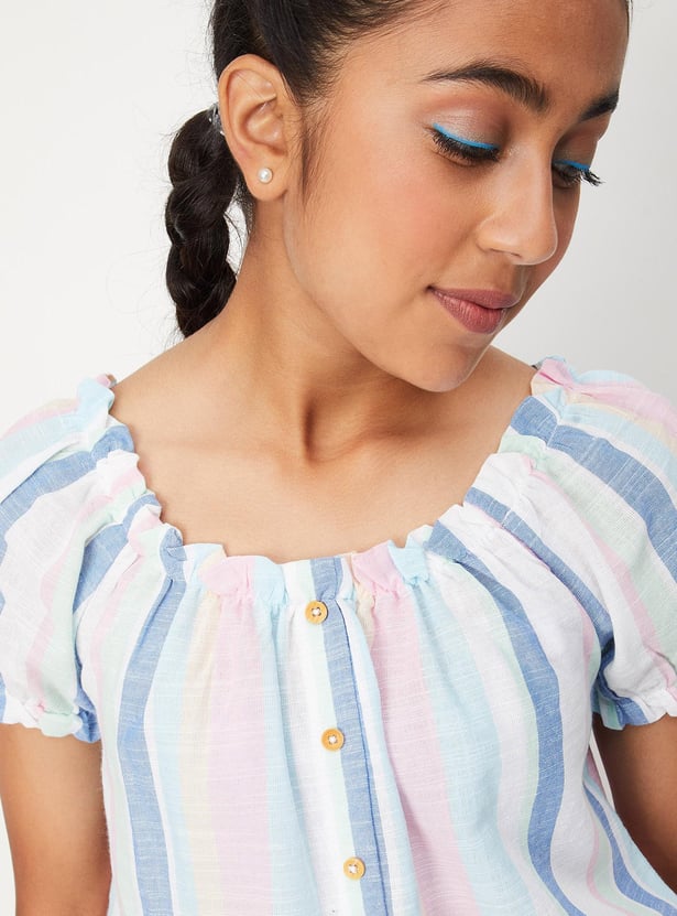 Girls Striped Tie-Up Sleeve Top