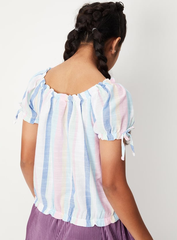 Girls Striped Tie-Up Sleeve Top