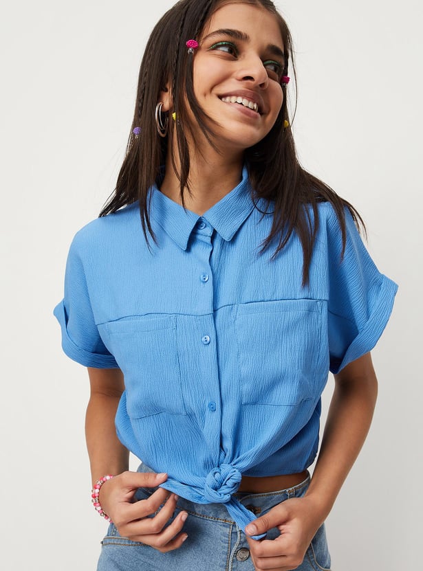 Girls Solid Crop Knotted Top