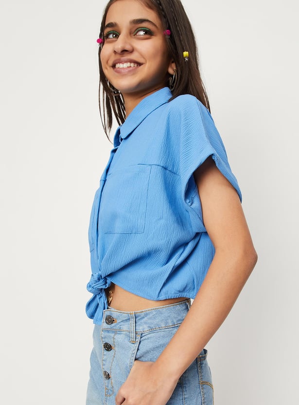 Girls Solid Crop Knotted Top