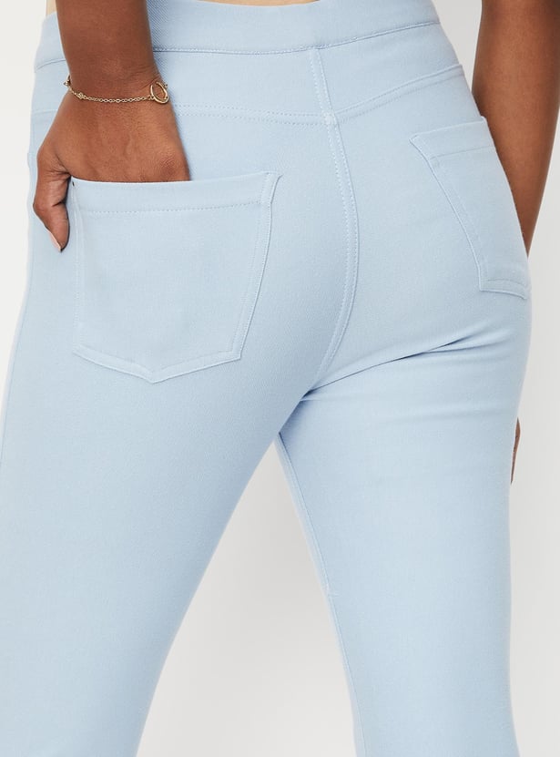 Women Solid Knit Buttoned Jeggings