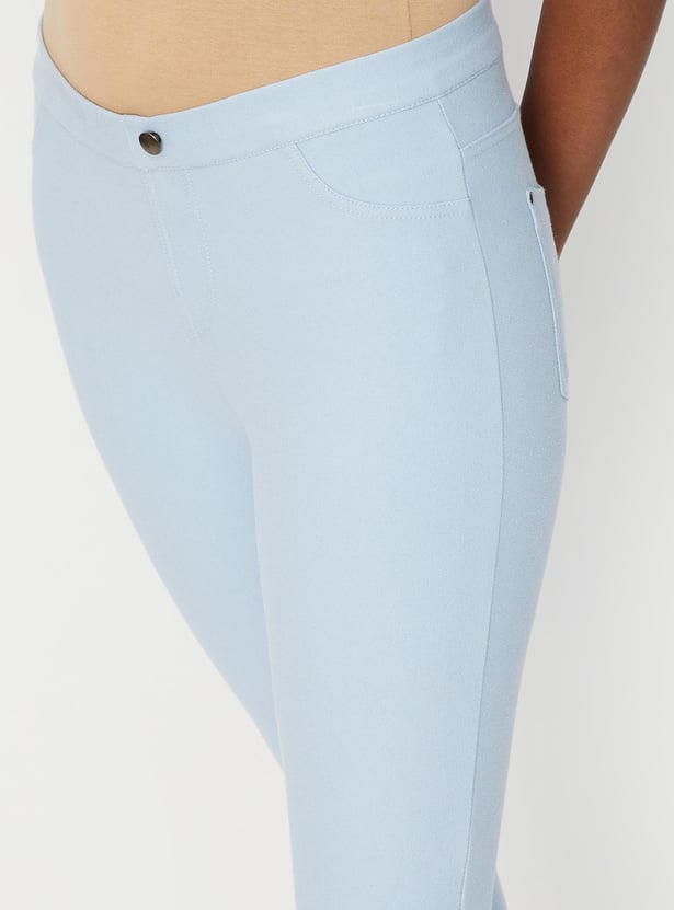 Women Solid Knit Buttoned Jeggings