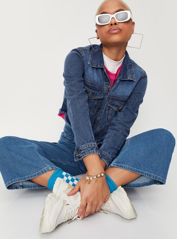 Women Washed Frayed Hem Denim Jacket