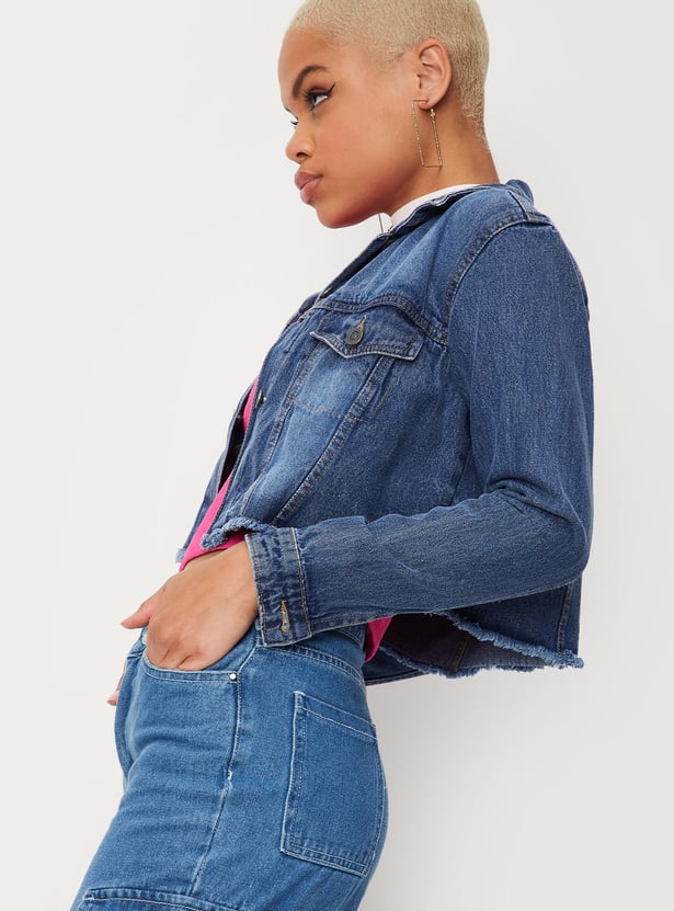Women Washed Frayed Hem Denim Jacket