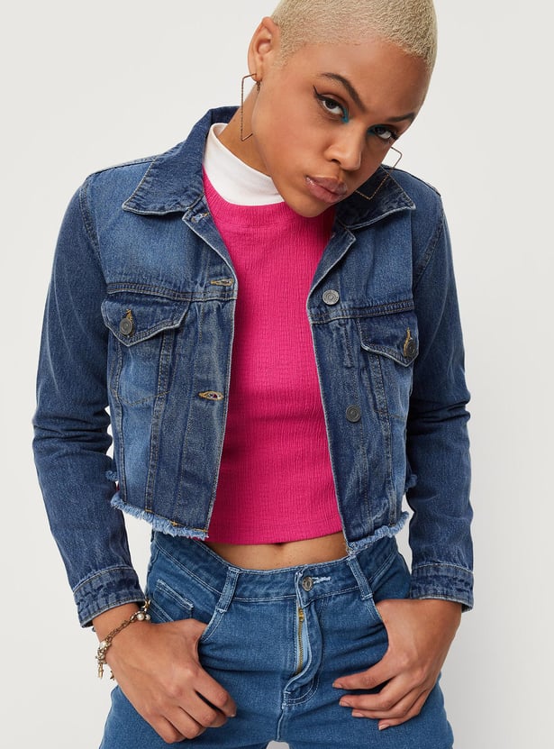 Women Washed Frayed Hem Denim Jacket