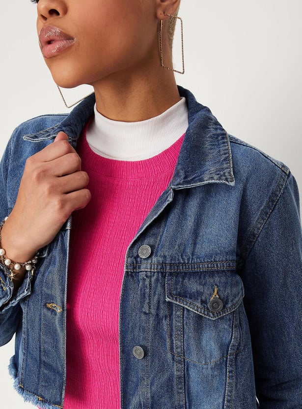 Women Washed Frayed Hem Denim Jacket