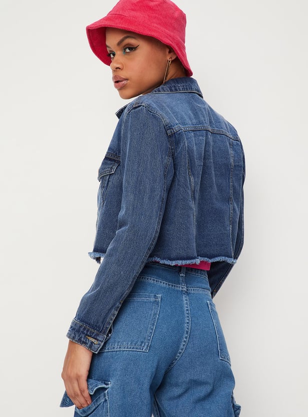 Women Washed Frayed Hem Denim Jacket