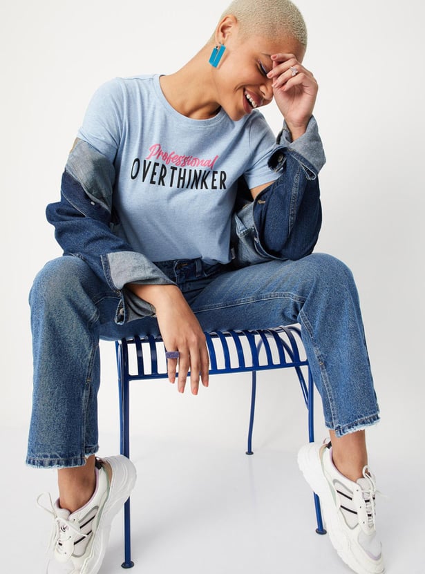 Women Slogan Printed T-shirt with Round Neck