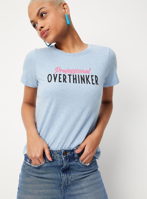 Women Slogan Printed T-shirt with Round Neck