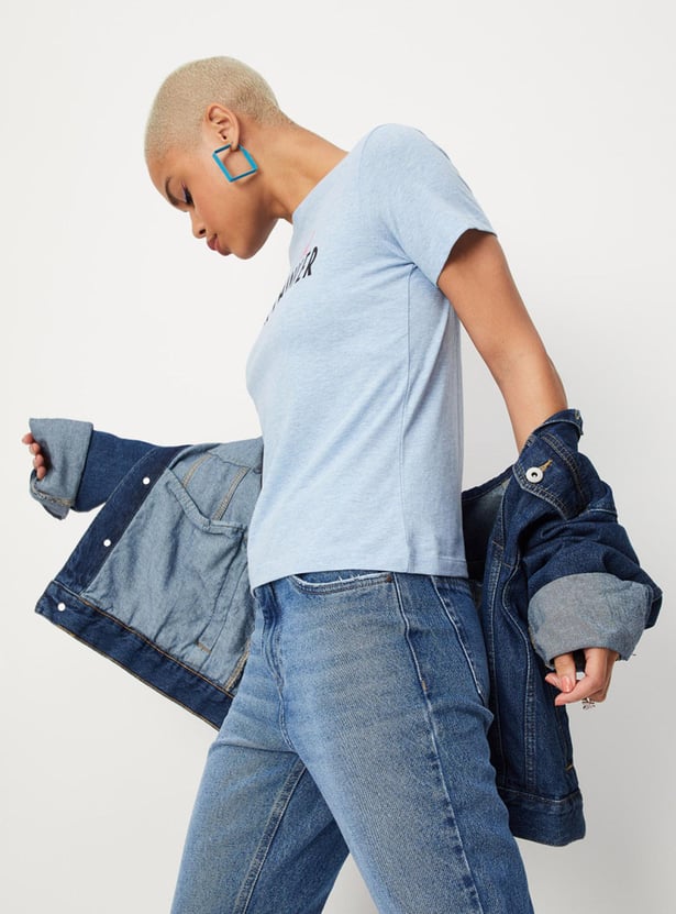 Women Slogan Printed T-shirt with Round Neck