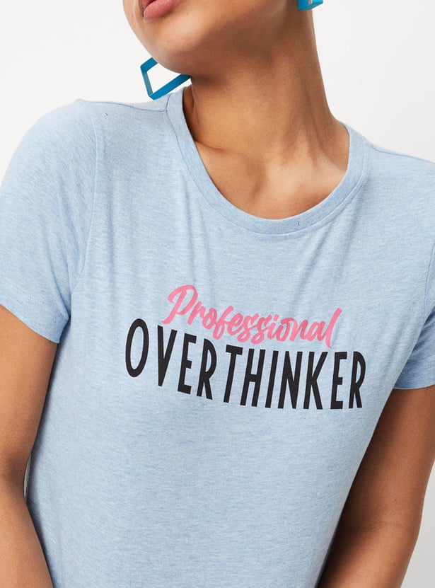 Women Slogan Printed T-shirt with Round Neck