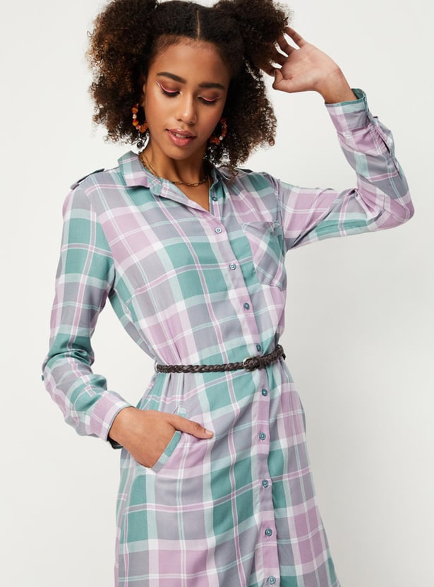 Women Checked Yarn Dyed Belted Tunic