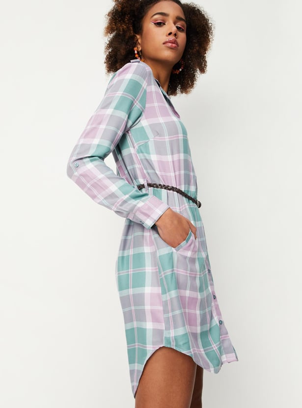 Women Checked Yarn Dyed Belted Tunic