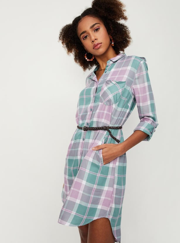 Women Checked Yarn Dyed Belted Tunic