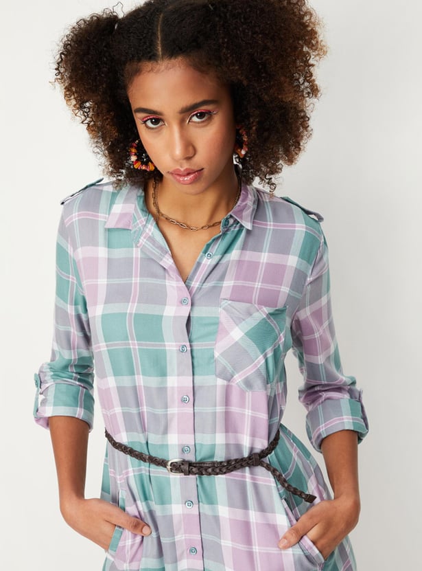 Women Checked Yarn Dyed Belted Tunic