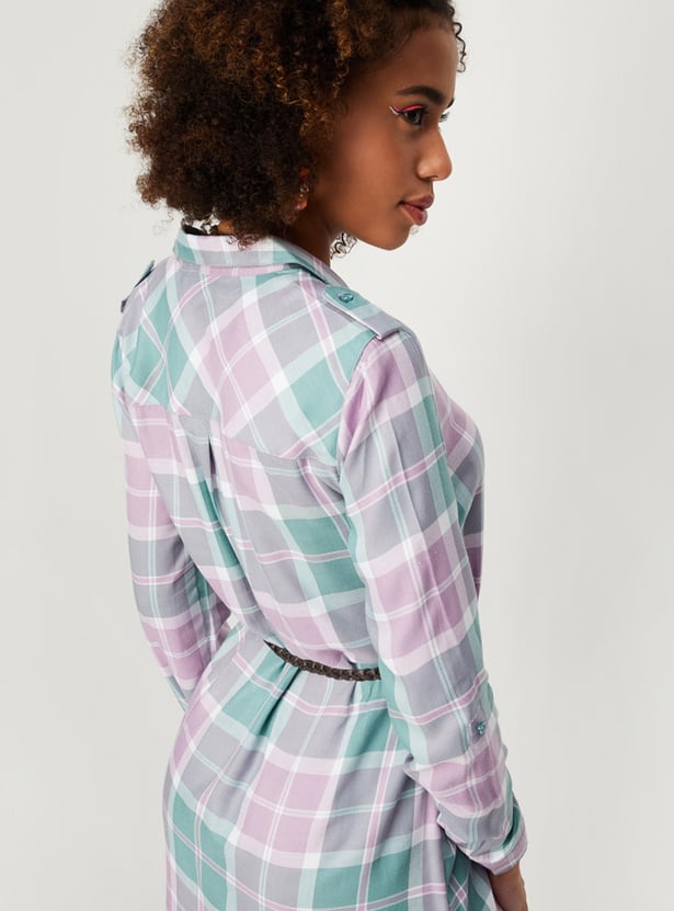 Women Checked Yarn Dyed Belted Tunic