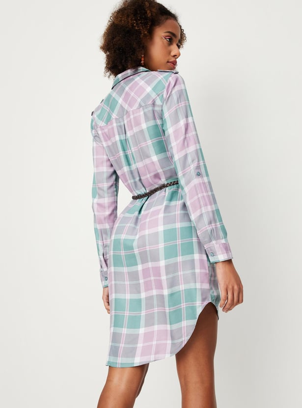 Women Checked Yarn Dyed Belted Tunic
