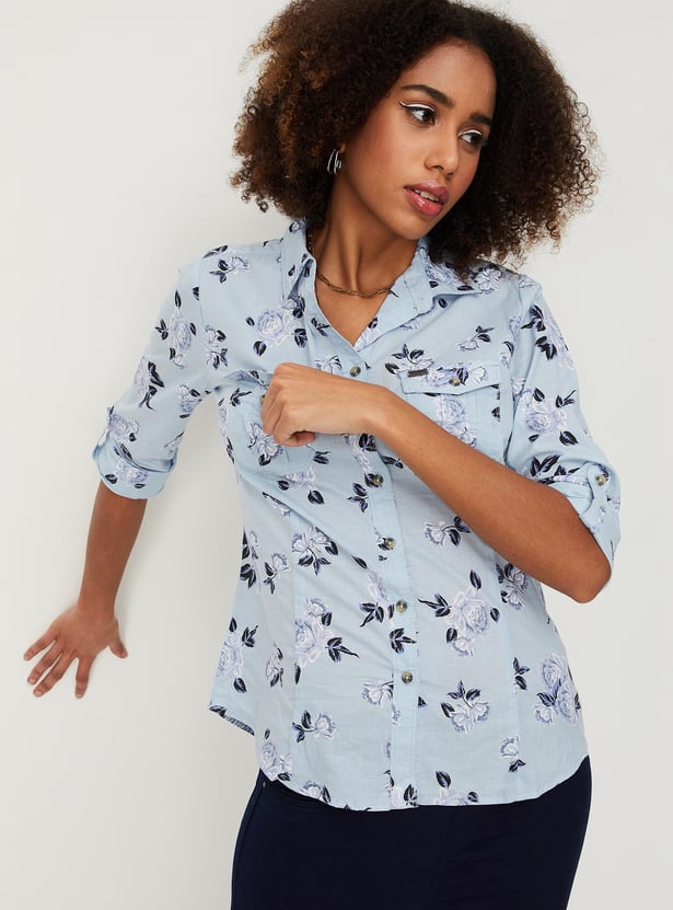 Women Floral Printed Double Pocket Shirt