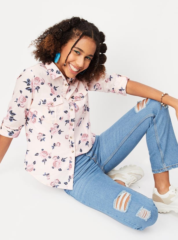 Women Floral Printed Double Pocket Shirt