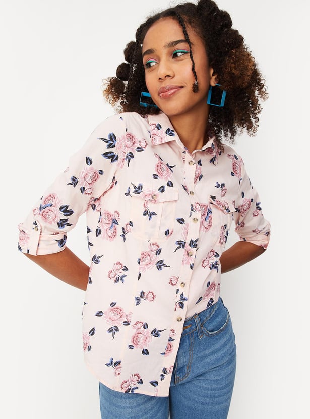 Women Floral Printed Double Pocket Shirt