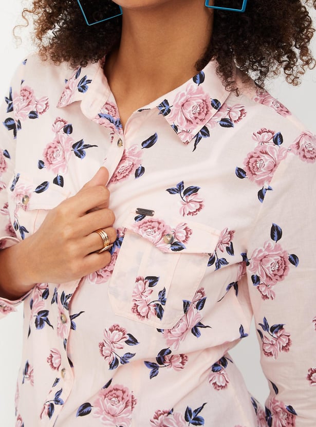 Women Floral Printed Double Pocket Shirt