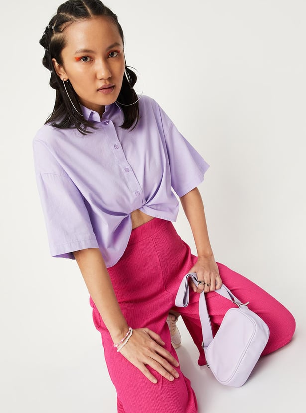 Women Solid Boxy Crop Shirt