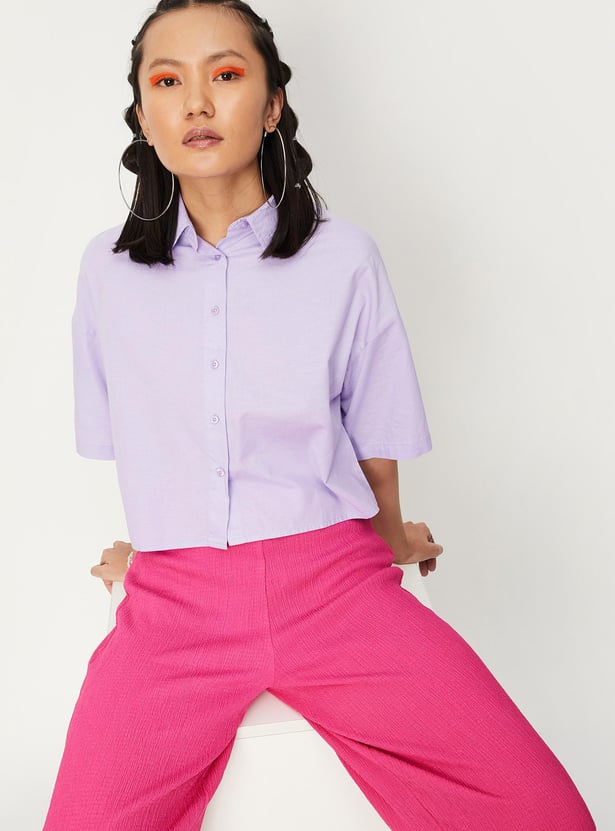 Women Solid Boxy Crop Shirt