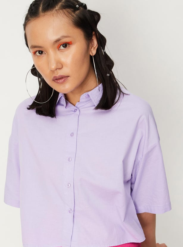Women Solid Boxy Crop Shirt