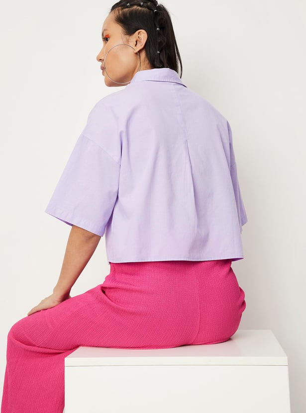 Women Solid Boxy Crop Shirt