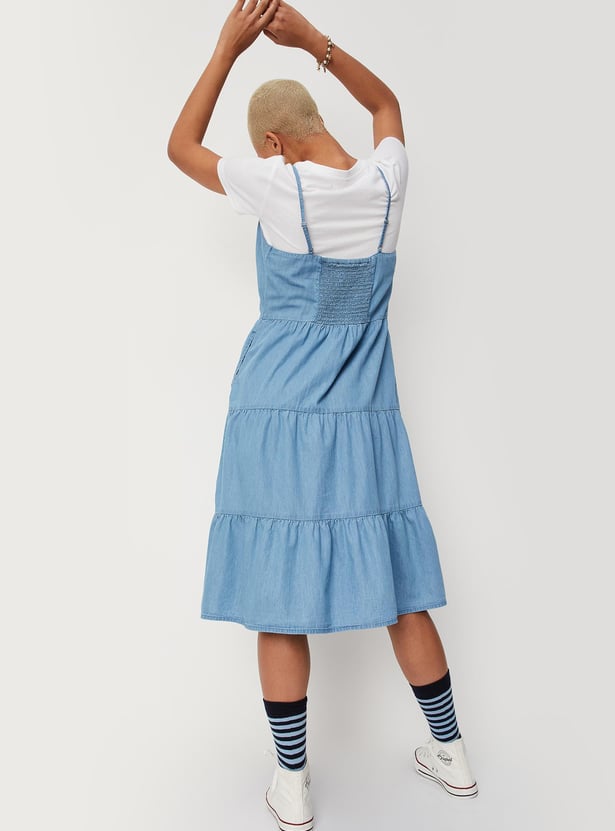 Women Solid Denim A-line Dress with T-shirt