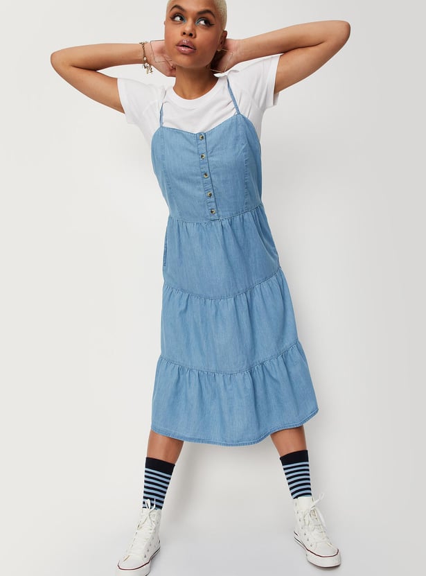 Women Solid Denim A-line Dress with T-shirt