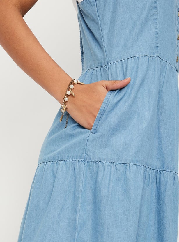 Women Solid Denim A-line Dress with T-shirt