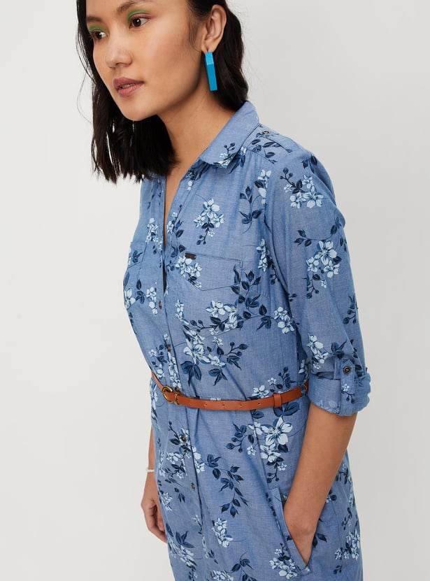 Women Floral Printed Belted Shirt Dress