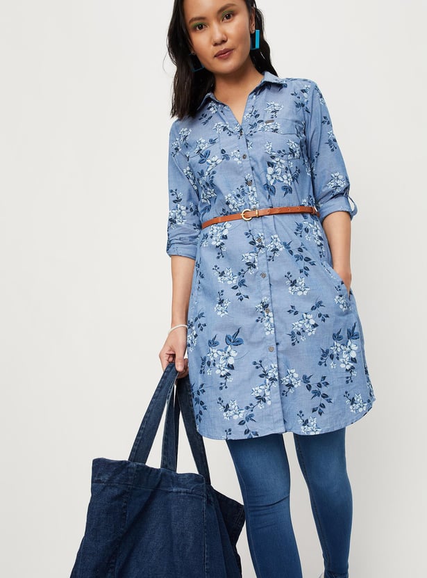 Women Floral Printed Belted Shirt Dress