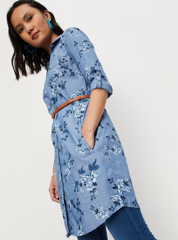 Women Floral Printed Belted Shirt Dress