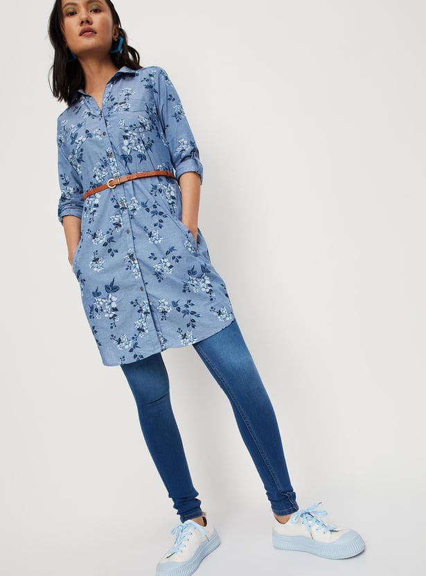 Women Floral Printed Belted Shirt Dress