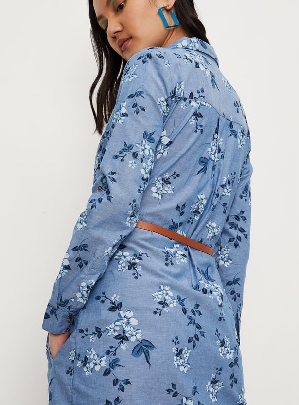 Women Floral Printed Belted Shirt Dress