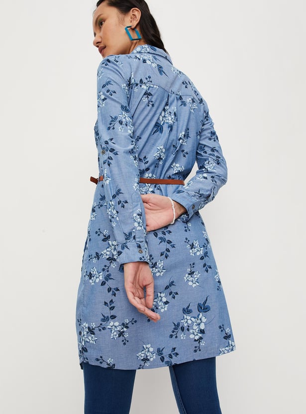 Women Floral Printed Belted Shirt Dress