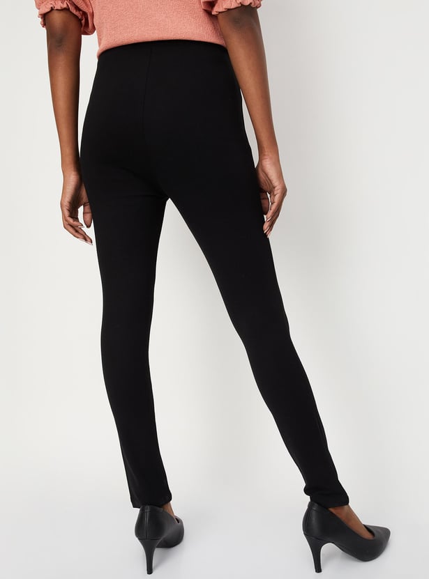 Women Solid Zipper Detailed Treggings