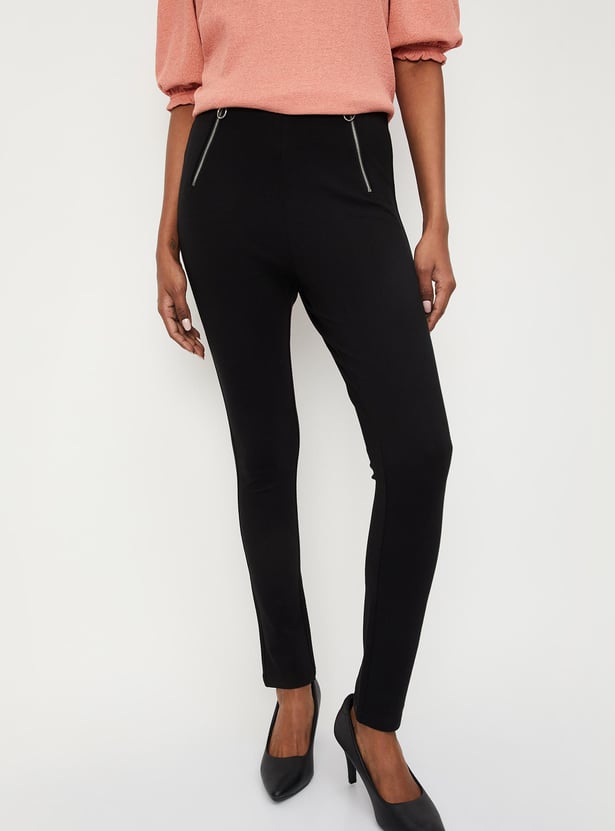 Women Solid Zipper Detailed Treggings