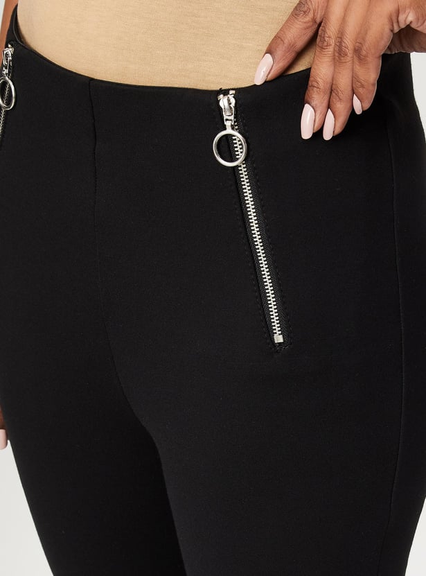 Women Solid Zipper Detailed Treggings