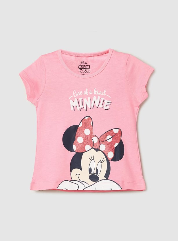 Girls Minnie Mouse Printed Cotton T-shirt