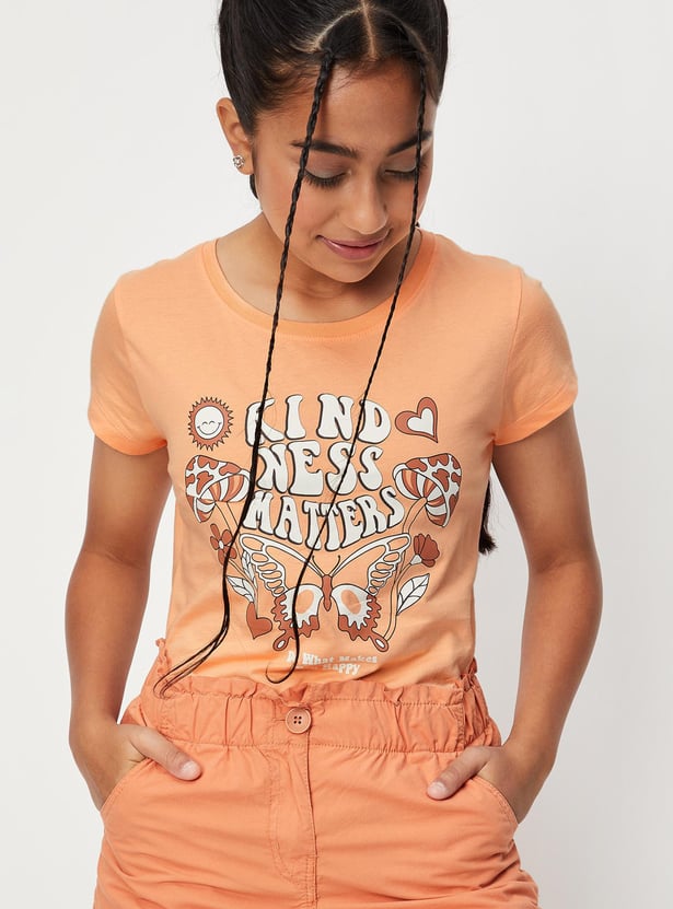 Girls Typographic Printed Half Sleeves T-shirt