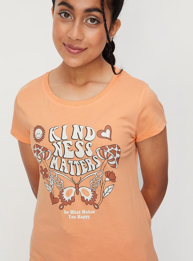 Girls Typographic Printed Half Sleeves T-shirt