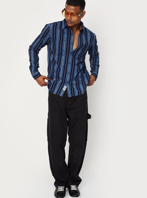 Men Indigo Striper Double Pocket Shirt