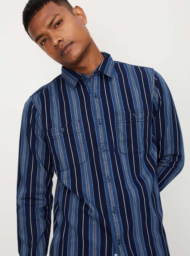 Men Indigo Striper Double Pocket Shirt