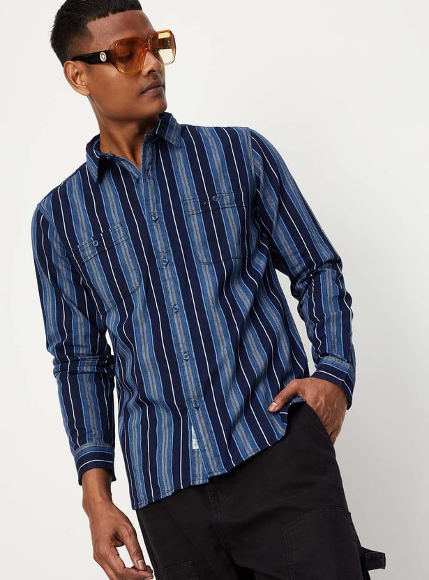Men Indigo Striper Double Pocket Shirt