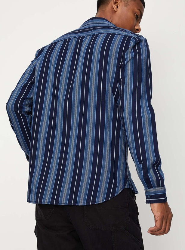 Men Indigo Striper Double Pocket Shirt